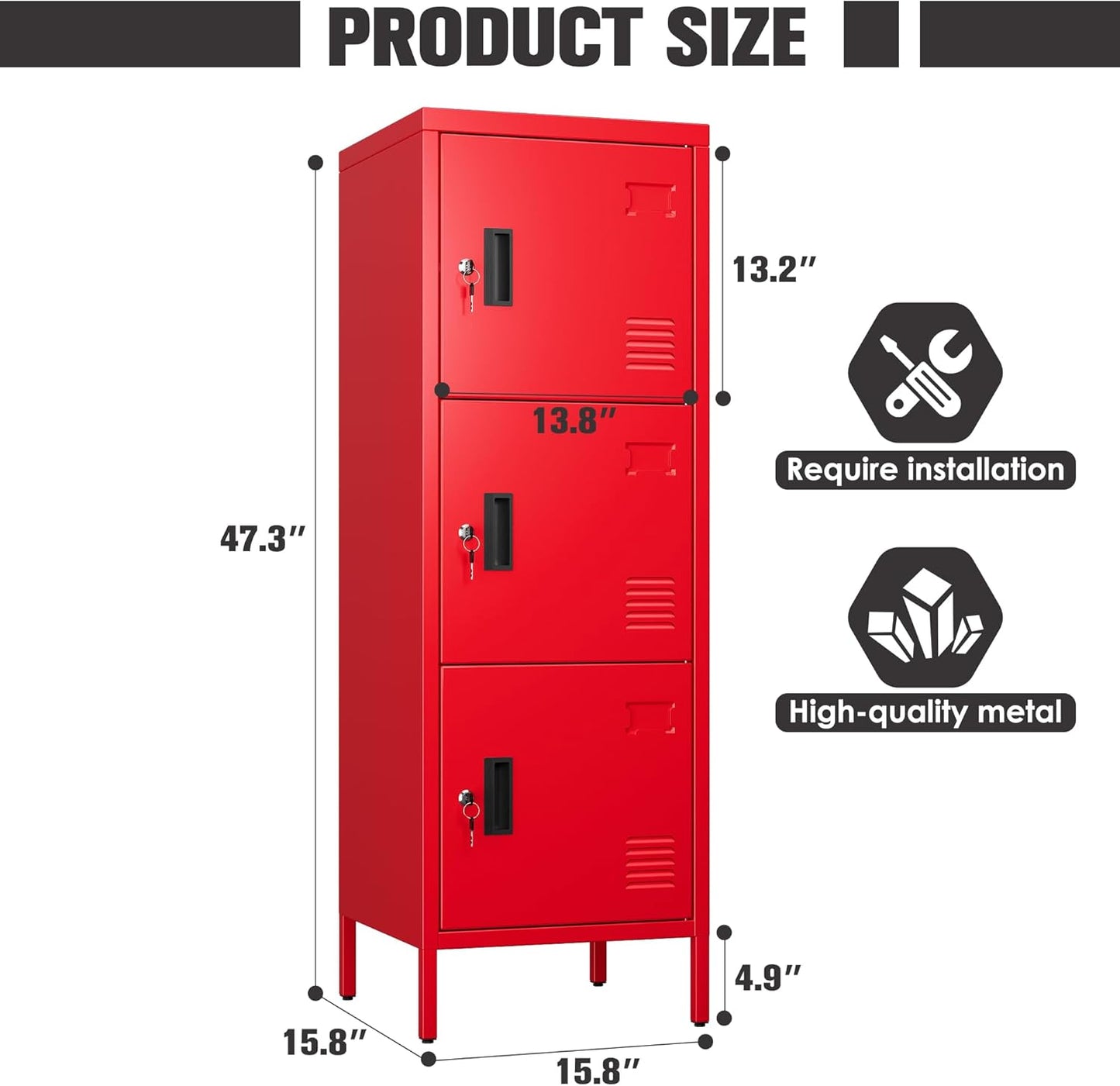Metal Storage Locker with Ventilation Holes, Metal Storage Locker with Lock and Card Slot for School, Office, Home,47.3" H x 15.8" W x 15.8" D,Assembly Required,Red