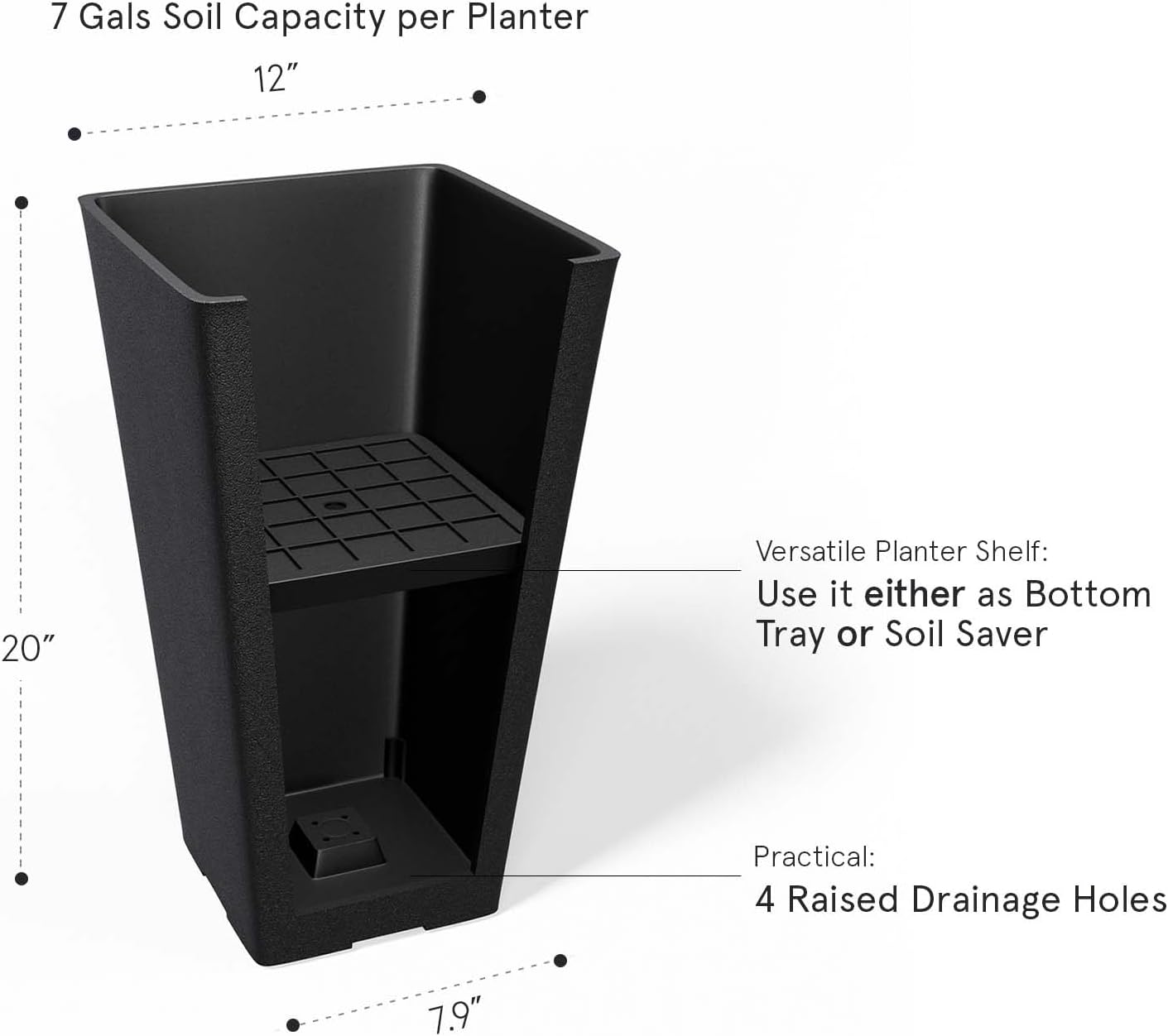 La Jolíe Muse Tall Planters 20 Inch, Flower Pot Pack 2, Patio Deck Indoor Outdoor Garden Tree Planters (Black)