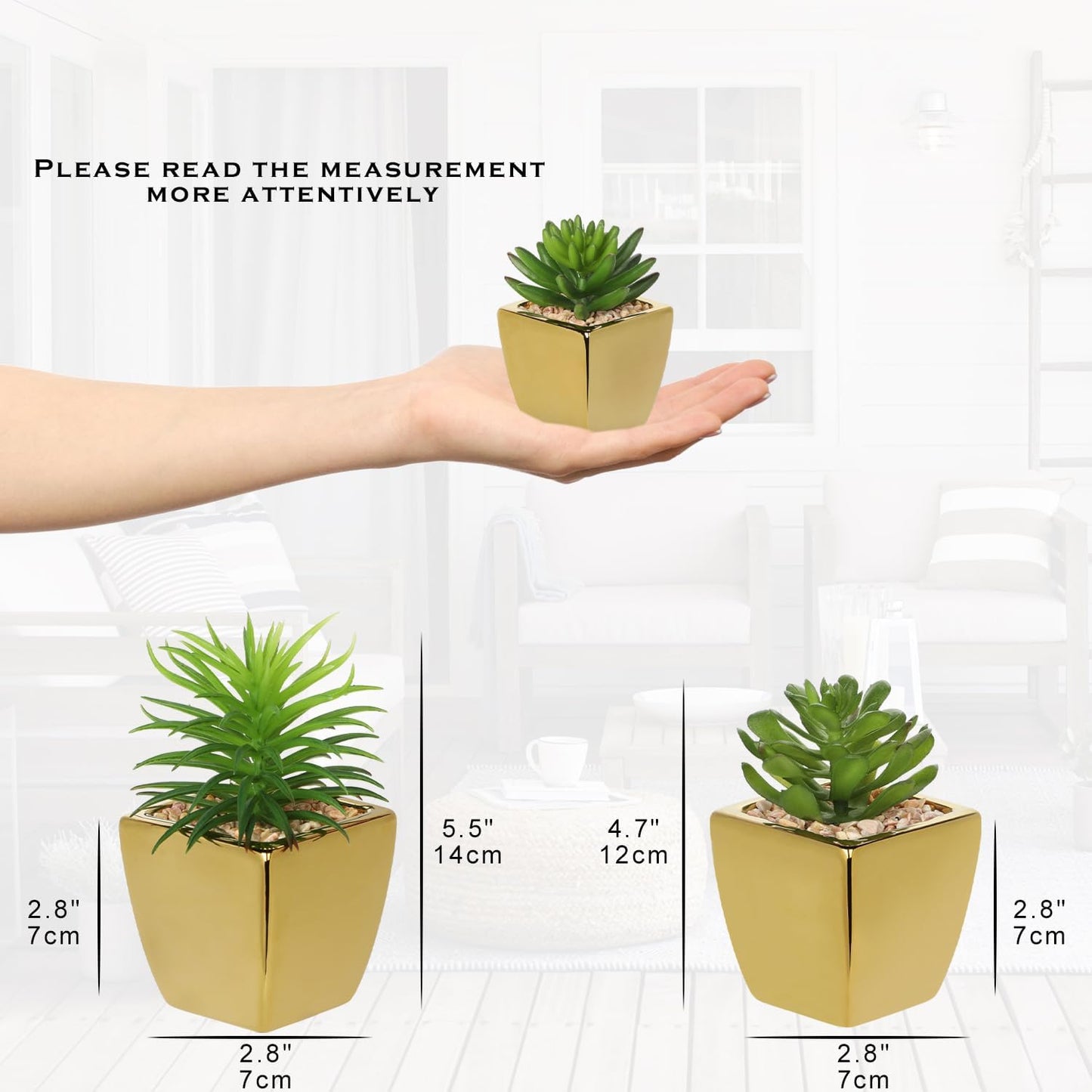 Hollyone Small Succulents Artificial 3 Pcs Faux Succulents with Gold Pots Mini Fake Succulent Plants Indoor Plant Ceramic Pots for Modern Office Desk Bathroom Shelf Living Room Home Decor