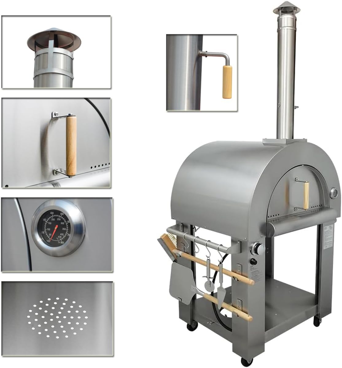 32.5 inch Propane Gas and Wood Fired Pizza Oven, Large Stainless Steel Pizza Oven for Outdoor, Backyard and Party (Silver)