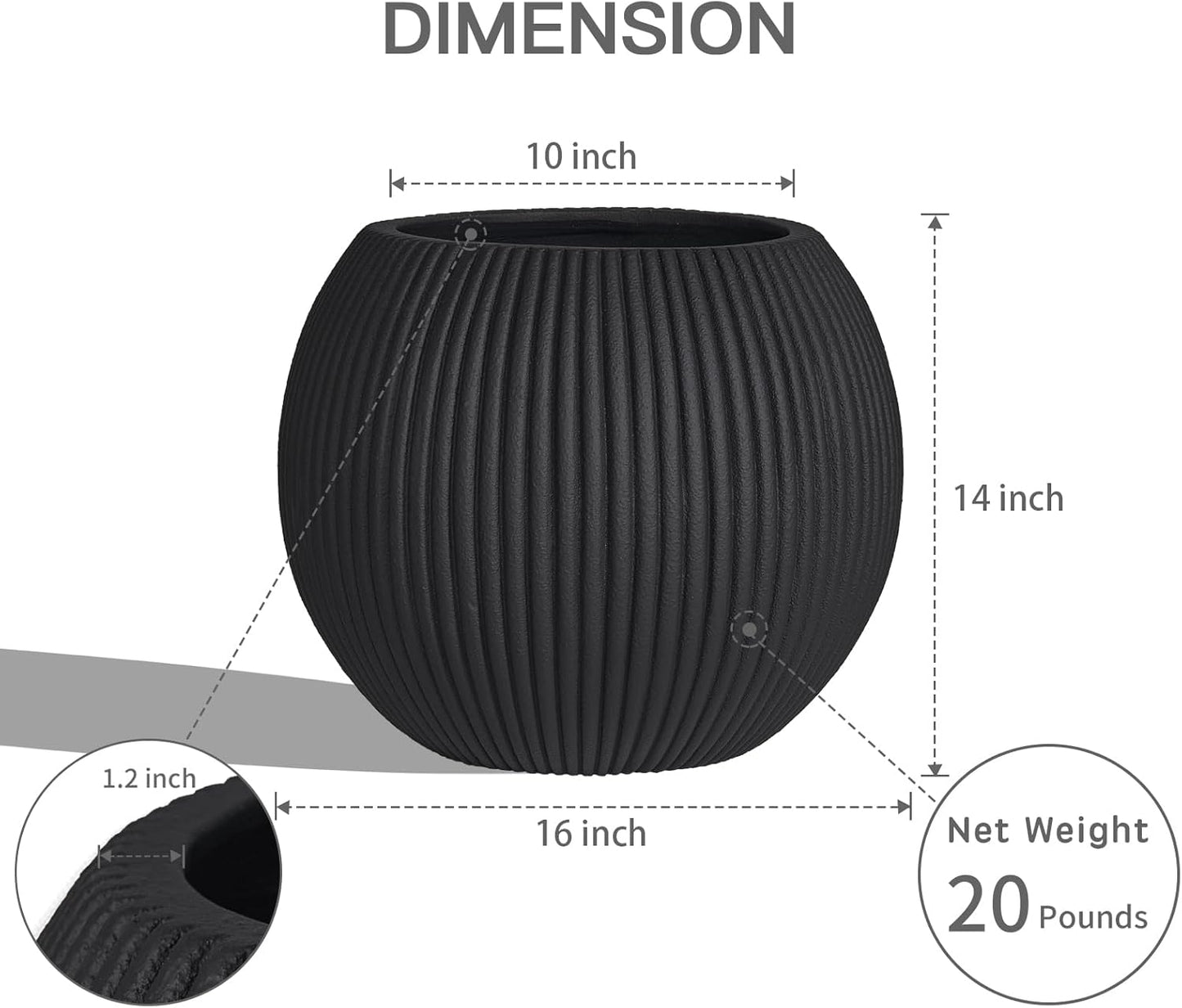 16 Inch Handmade Concrete Outdoor Planter - Classic Striped Design | Fiberglass & Composite Material | Durable for Commercial & Home Decor