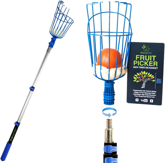 EVERSPROUT 1.5-3ft Durable Fruit Picker with 10+ Foot Reach – Telescoping Fruit Picker Pole, Lightweight Twist-On Fruit Picking Tool with Basket, Aluminium Extension Pole for Tree Fruit Harvesting
