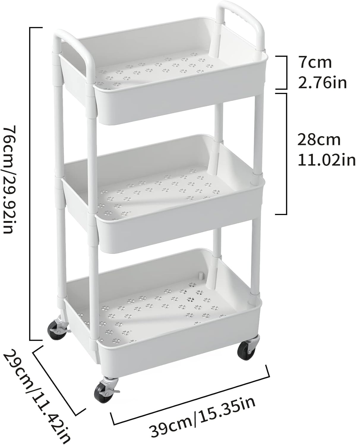 Sywhitta 3-Tier Plastic Rolling Utility Cart with Handle, Multi-Functional Storage Trolley for Office, Living Room, Kitchen, Movable Storage Organizer with Wheels, White
