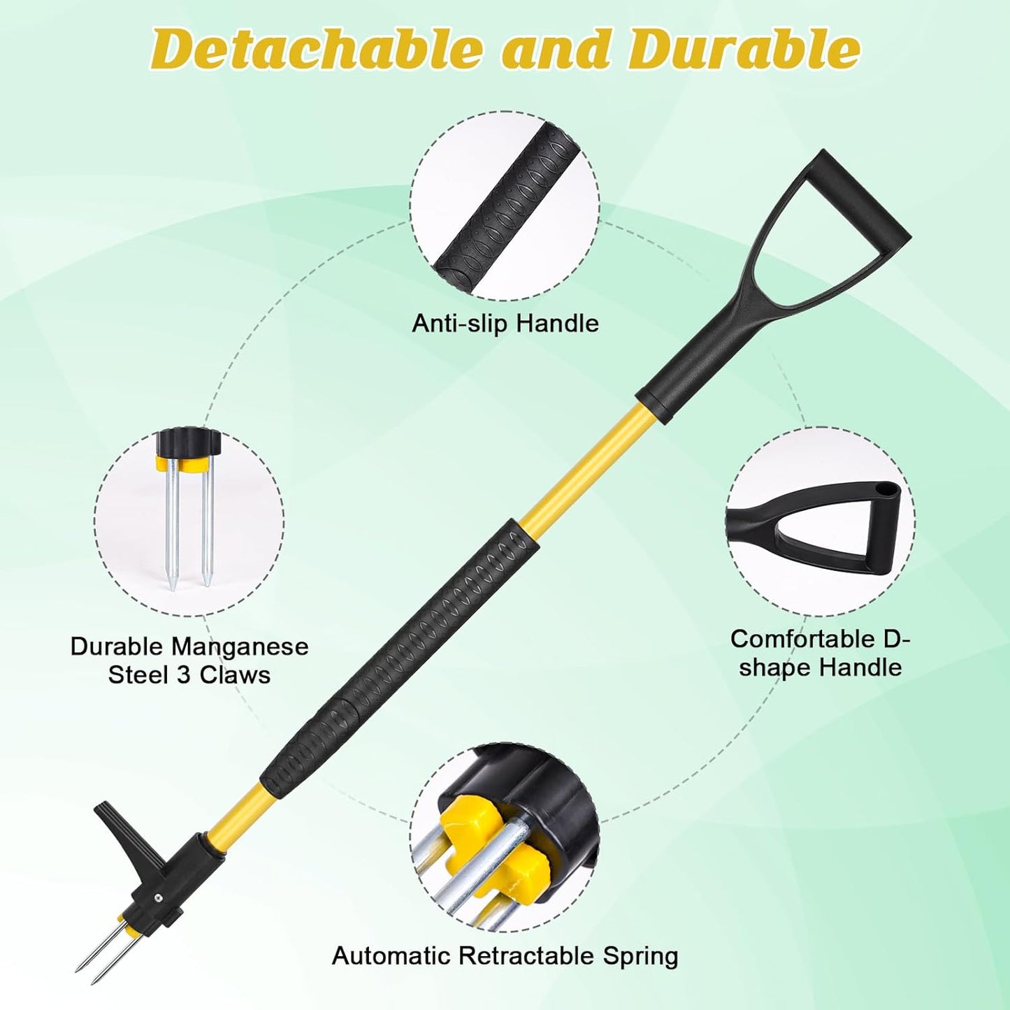 39" Stand Up Weed Puller Tool - Heavy Duty Detachable 3-Claw Weeder with Ergonomic Long D-Handle | Tools for Effortless Garden Weed Removal (Dandelions, Thistles & More)