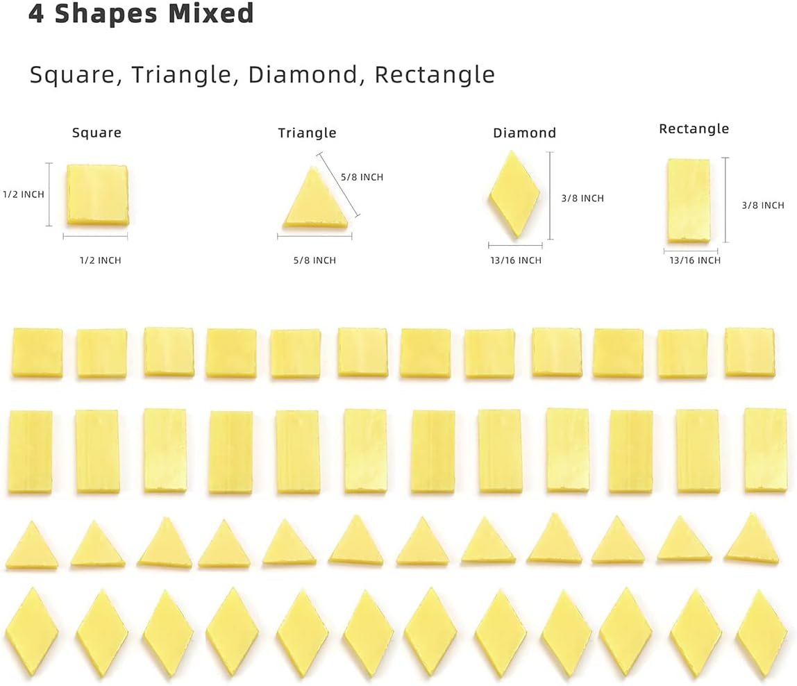 Lanyani 200 Mixed Color Glass Mosaic Tiles - 4 Shapes, Tiffany Stained Glass Pieces for Crafts, Sunshine Yellow
