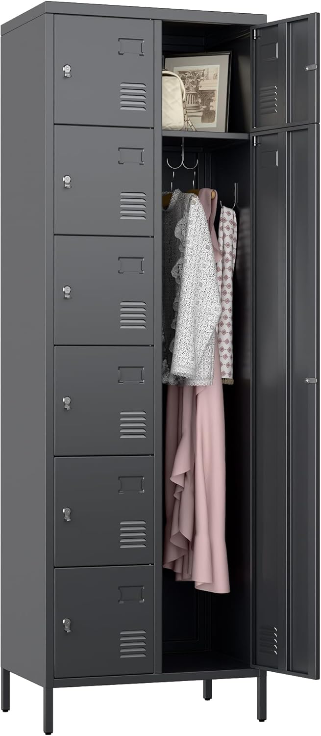 72" H Metal Storage Lockers with Doors and Rod,Industrial Combination Employee Lockers for Office,Home Gym,School,Assembly Required,7+1Doors,Grey