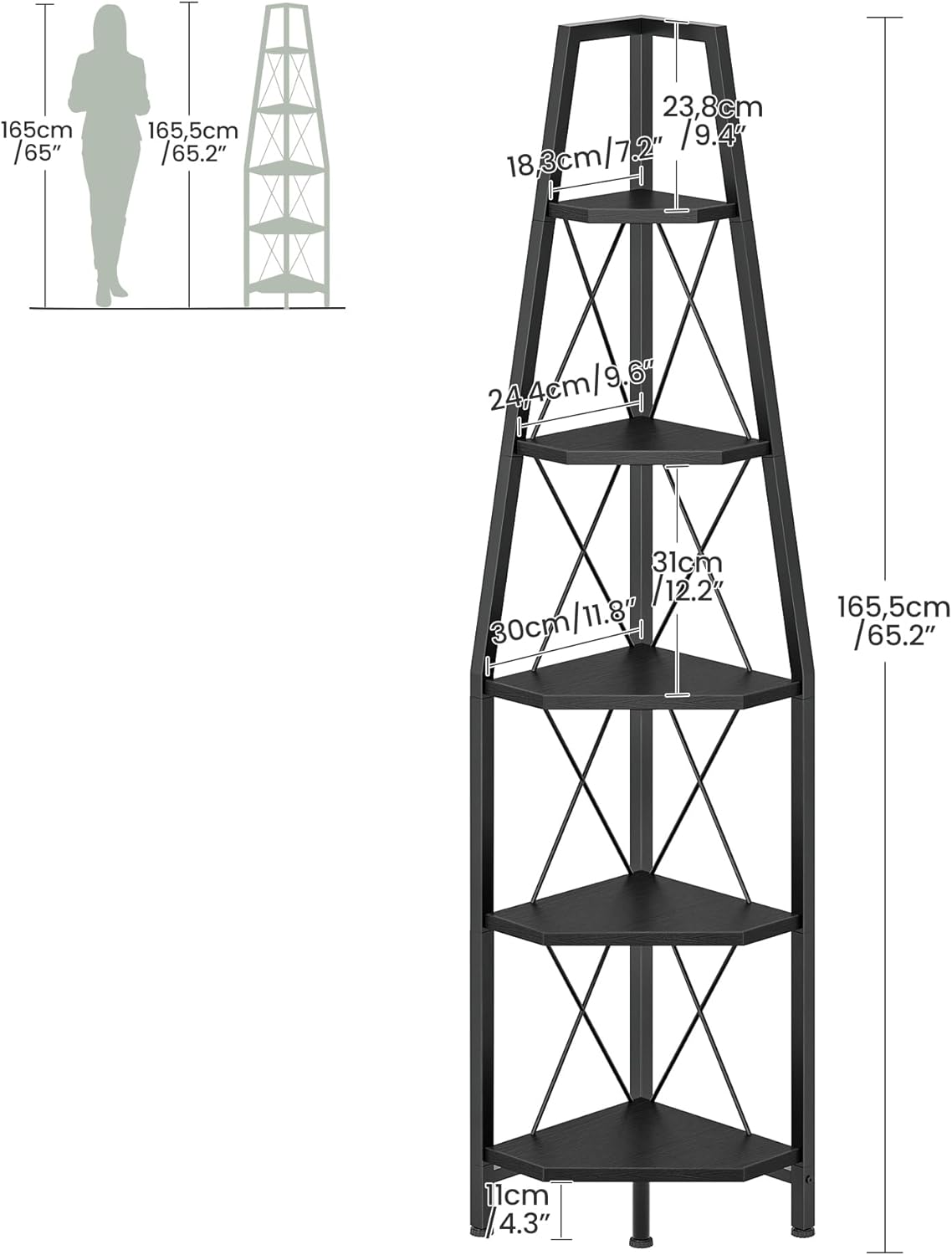 5-Tier Corner Shelf, Corner Bookshelf, Ladder Shelf, Floor Standing Storage Rack, Open Display Stand, Plant Stand, for Living Room, Bedroom, Study, Bathroom, Black TCJ22BB