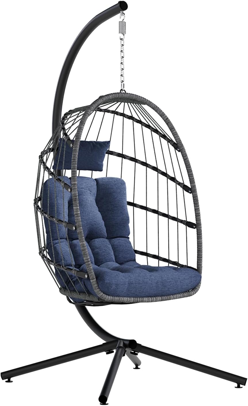 SWITTE Egg Chair Outdoor with Stand, Indoor Wicker Hanging Egg Swing Chair with Cushion, 350lbs Capacity for Patio, Bedroom, Garden - Dark Blue