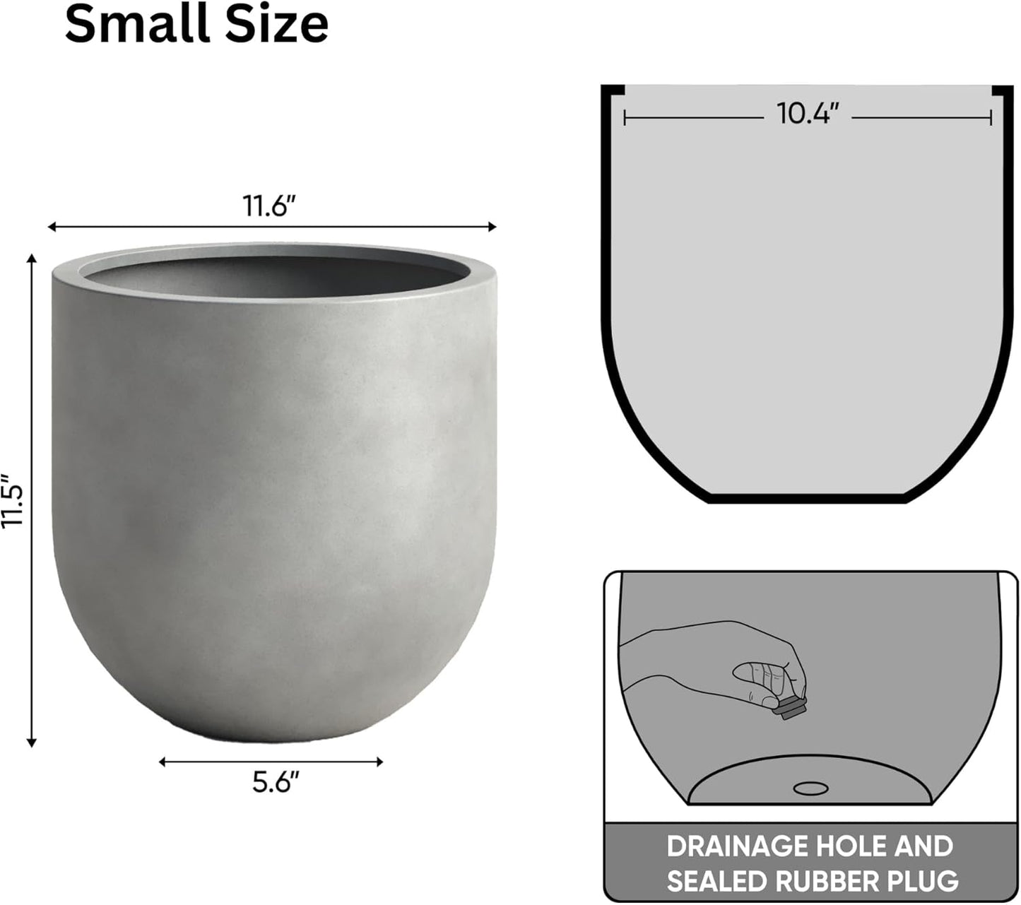 DTY Signature Mount Antero Lightweight and Durable Modern Fiberstone Bullet Shaped Planter Indoor & Outdoor Drainage Hole & Rubber Plug Weather Resistant, 12" H x 12" Dia, 10.2" Opening - Small, Gray