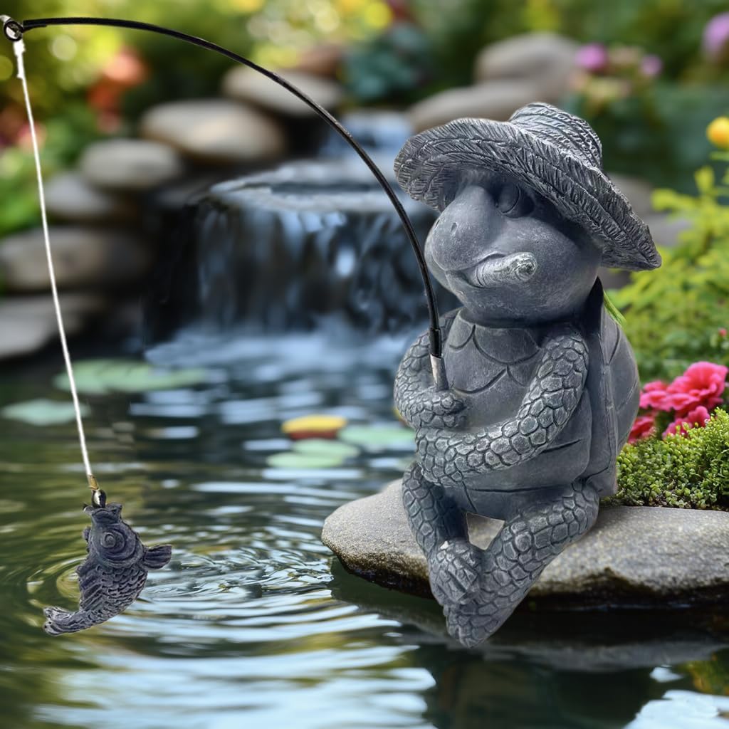 Tortoise Fishing Statue Garden Decor，9.8" Weatherproof Resin Tortoise Fishing Sculpture Decor for Fish Ponds, Koi Ponds, Waterfalls, Poolside Outdoor Gardens Resin Figurine for Indoor Outdoor Décor