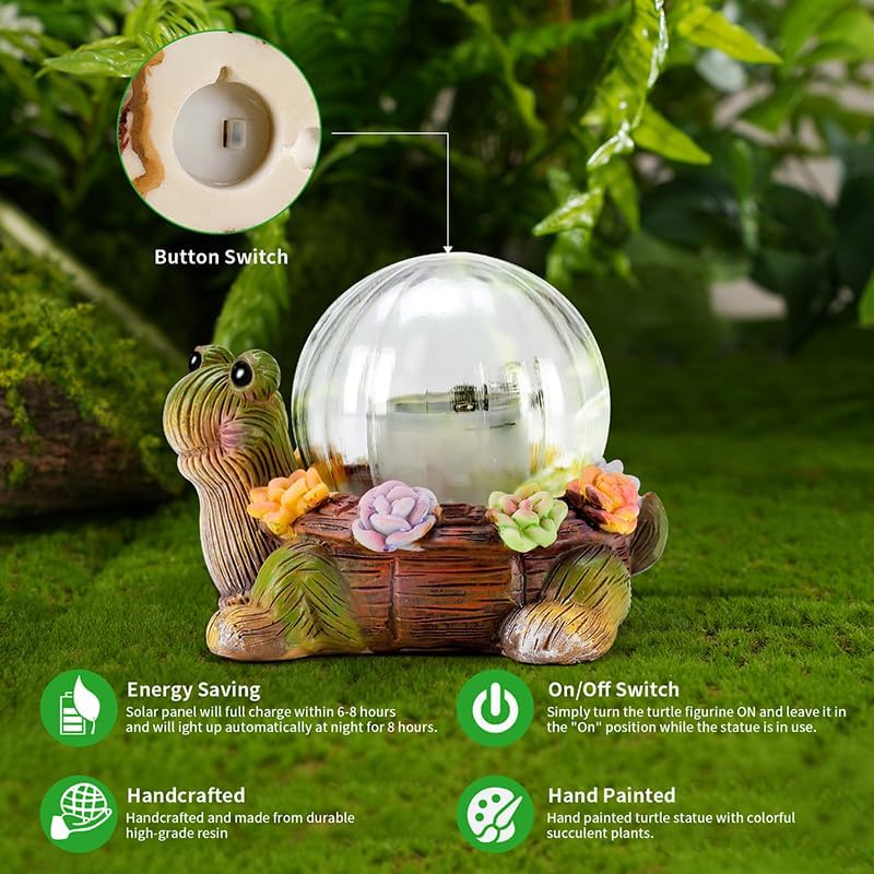 Solar Mini Turtle Garden Statue Lights for Outdoor Decor with Cracked Glass LED Figurine Lighting Resin Succulent Tortoise Decorations for Patio Lawn Yard Home Housewarming Mom Wowen Gifts