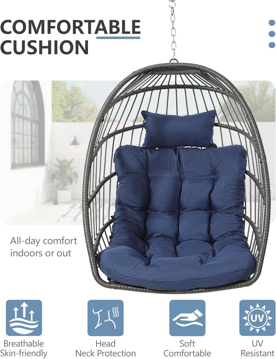 SWITTE Egg Chair Outdoor with Stand, Indoor Wicker Hanging Egg Swing Chair with Cushion, 350lbs Capacity for Patio, Bedroom, Garden - Dark Blue