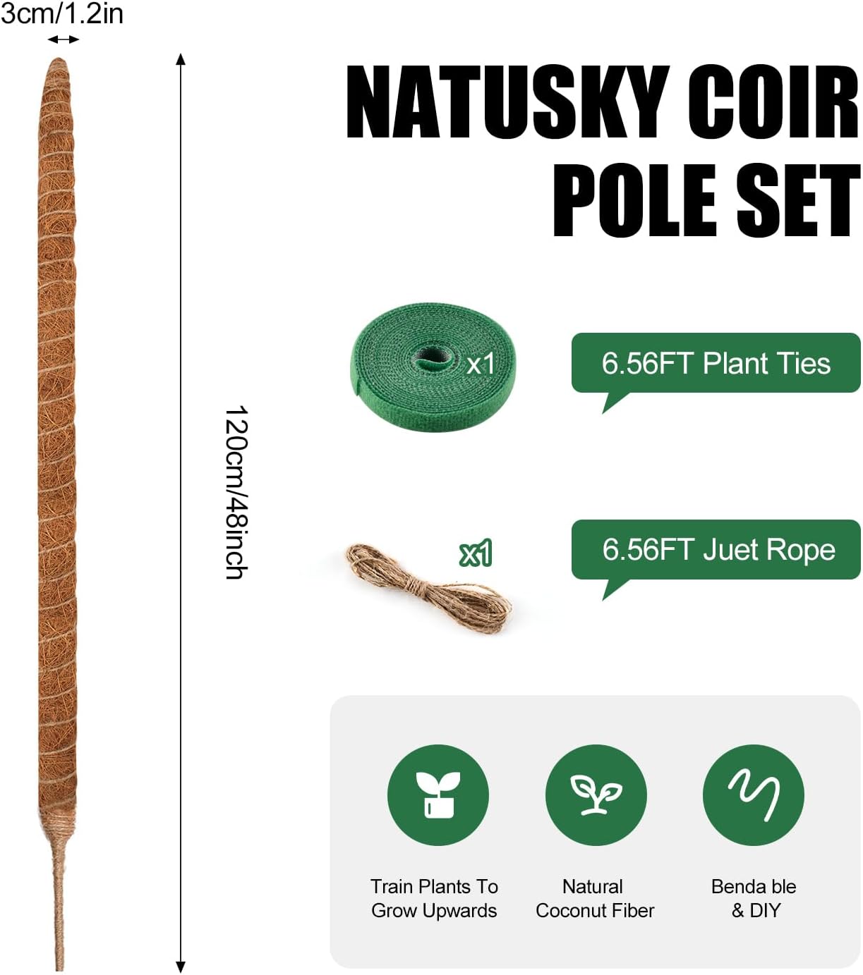 Handmade Coco Coir Moss Pole - 48 Inch Bendable Sticks Support for Climbing Plants, Monstera, Indoor Plants to Grow Upwards