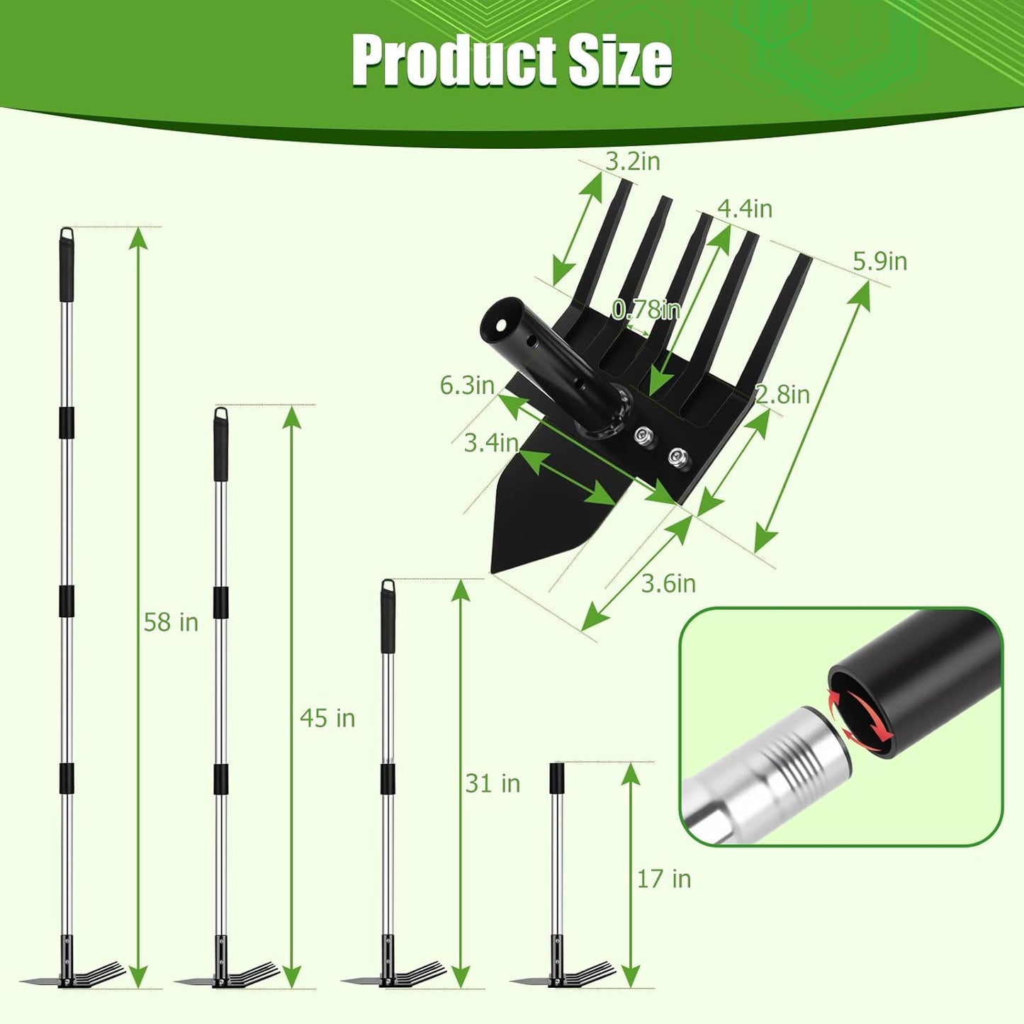 2-in-1 Hoe Garden Tools, 17-58" Weed Puller Tool with Long Handle, Heavy Duty Handle Garden Hoe and Weed Rake, Hoes for Gardening Yards Lawns Gardens Weeding