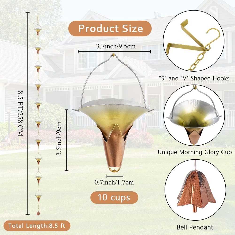 8.5 FT Rain Chain, Metal Rain Gutter Chains with 10 Morning Glory Shaped Cups, Adjustable Metal Rain Catcher Chain for Eaves Drainage, Replacement for Downspout