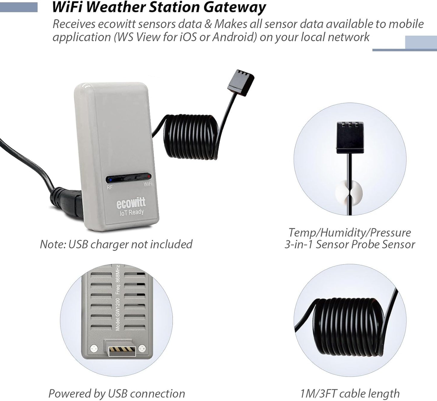 ECOWITT GW1206 Soil Moisture Tester Kit, Includes GW1200 IoT Wi-Fi Gateway and WH51 Soil Moisture Sensor, 915 MHz