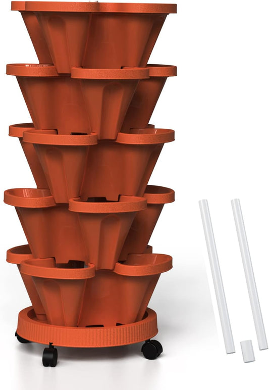 Strawberry Vertical Planter, 5 Tiered Stacking Garden Tower, Stackable Herb Vegetable Planters with Support Pole Indoor and Outdoor - Terra Cotta
