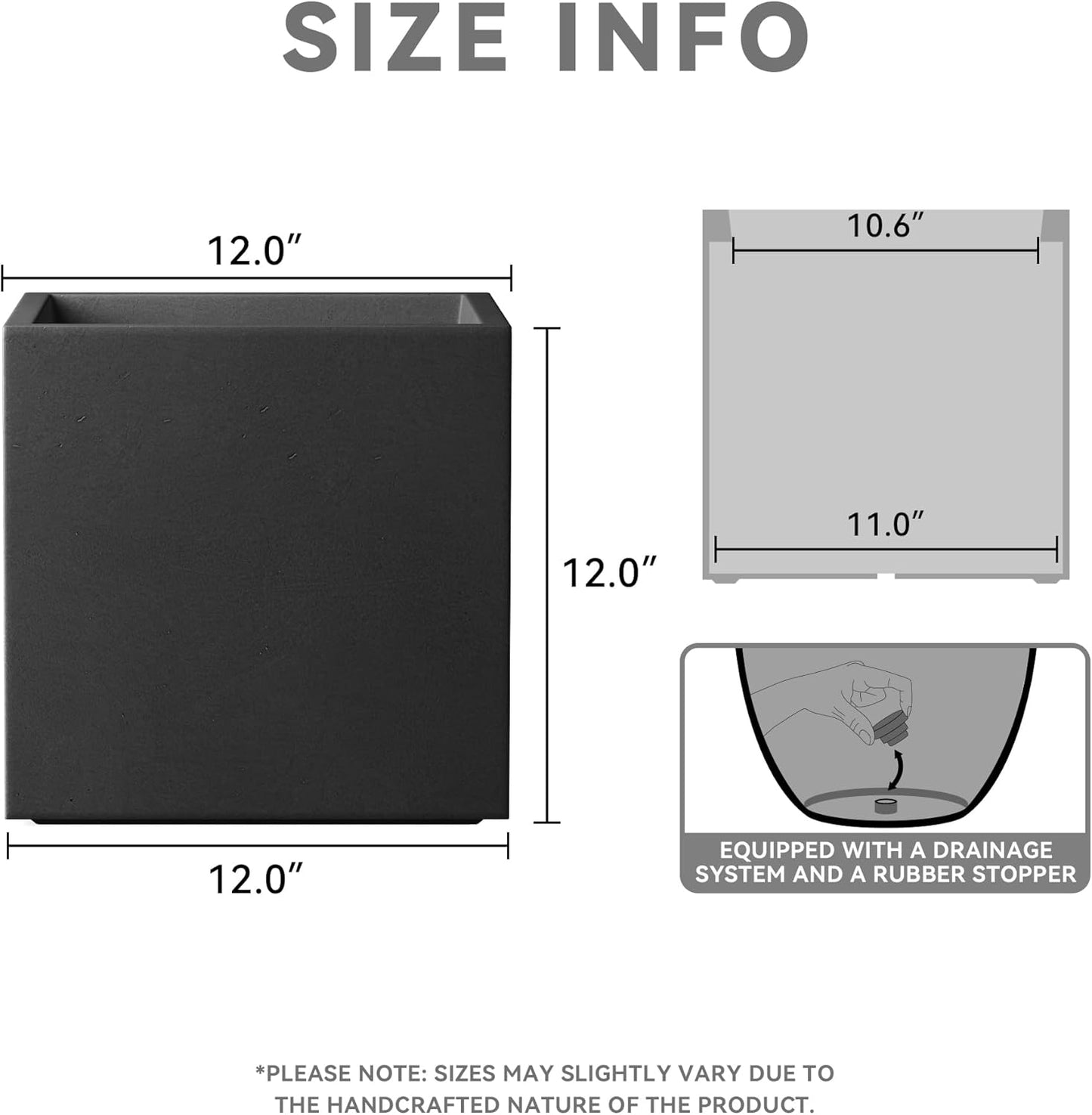 Kante 12 Inch Square Concrete Planter for Outdoor Indoor Home Patio Garden, Large Plant Pot with Drainage Hole and Rubber Plug, Black