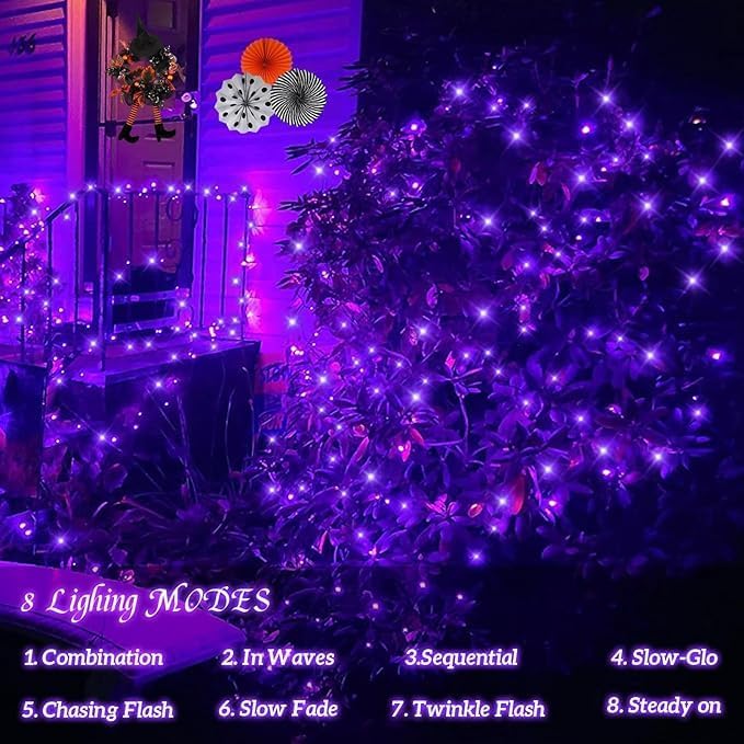QITONG 4 Pack Purple Halloween Lights, Each 33ft 100 LED Purple Solar Fairy Lights Outdoor Waterproof, 8 Modes Copper Wire Twinkle String Lights