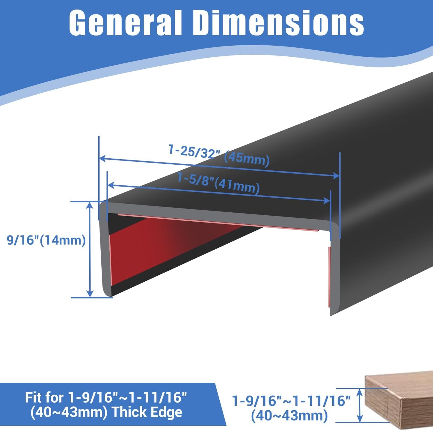 Rubber Edge Trim, Self-Adhesive U Shaped Edge Protector for Plywood, Cabinet, 1-5/8" Wood Edge Banding, Flexible Furniture Repair, EPDM Material, Fit 1-5/8"(41mm), Length 20Ft, Black