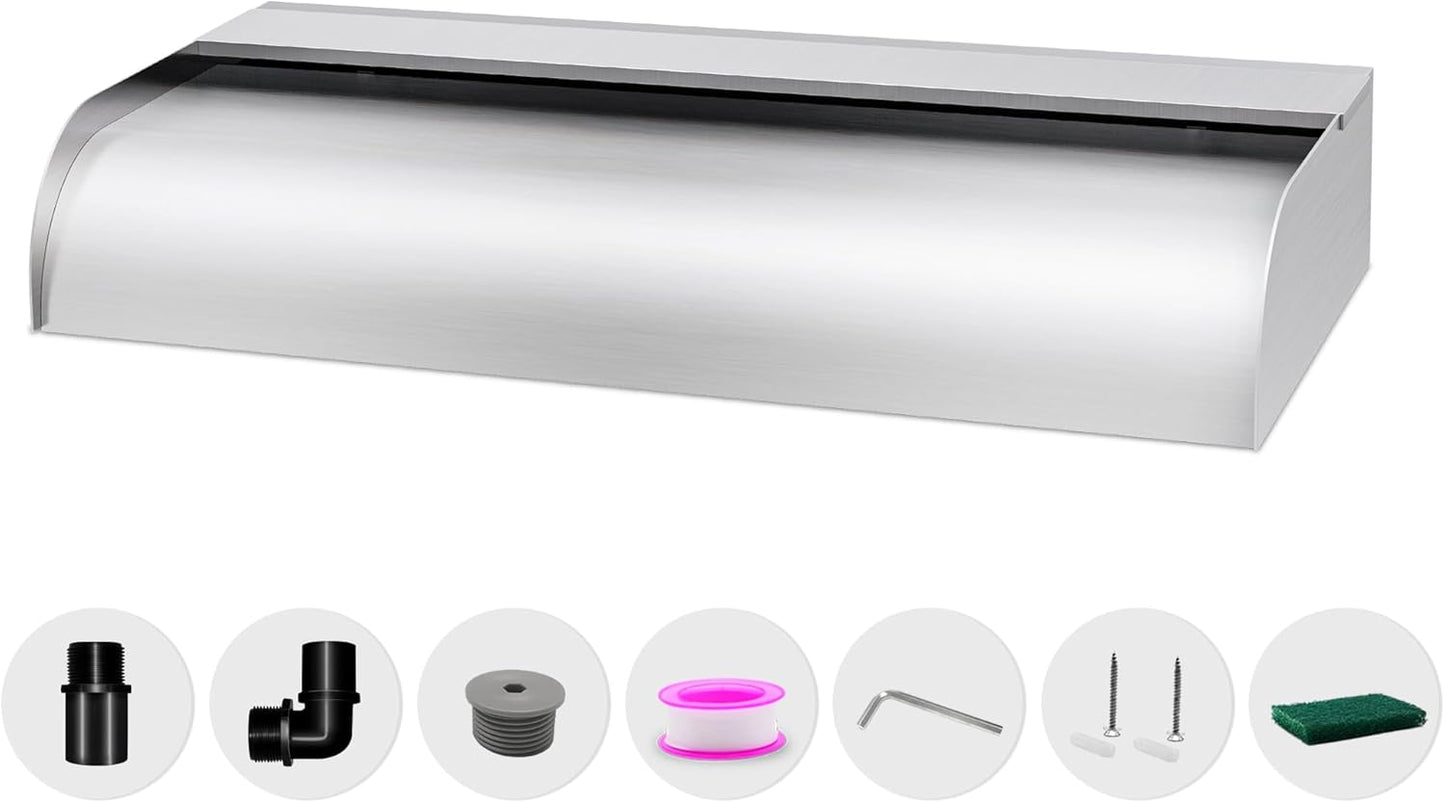 Pool Fountain Waterfall Spillway with Wider Water Flow Platform, Stainless Steel Waterfall with Pipe Connector Kits, Water Feature Spillway for Garden Decor, Patio, Ponds, 23."x11.8"x3.9"