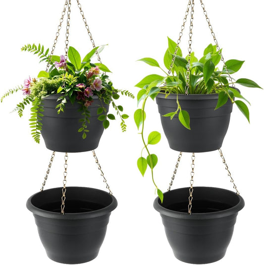 Hanging Planters 10 Inch, 4 Pcs Flower Pots with Drainage Hole, Self Watering Hanging Basket for Indoor Outdoor Plants, Decor, Gray