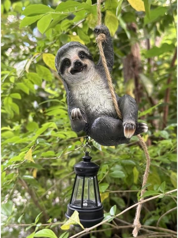 Sloth Garden Decor Cute Wild Animal Outdoor Sculpture Resin Climbing Twine with LED Light Waterproof Hanging Animal Figurine for Garden Wall Balcony