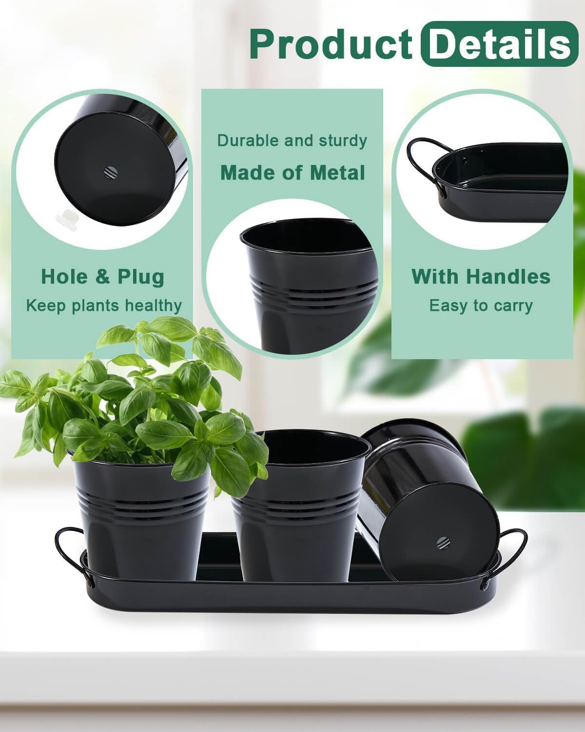 vensovo Indoor Herb Planter Set - Galvanized Windowsill Garden Pots with Tray & Drainage, Set of 3 Metal Window Planters for Kitchen & Outdoor Use, Black