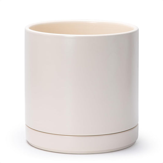 D'vine Dev 10 Inch Ceramic Planter Pot with Drainage Hole and Saucer, Indoor Cylinder Round Planter Pot, Oatmeal, 94-O-E-8