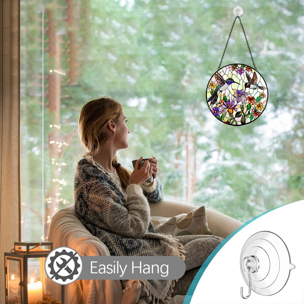 Hummingbird Sun Catcher Stained Glass Window Hanging - Wildflower and Bird Suncatchers for Windows Stained Glass Suncatcher - Sun Catchers Indoor Wall Art Home Decor Gift for Women Mom Bird Lovers