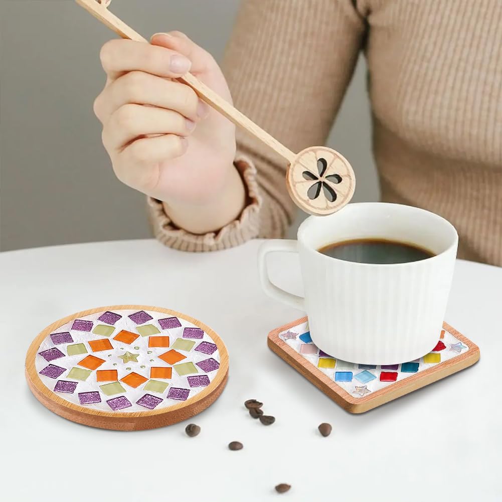 Ukontagood 8 Pcs DIY Mosaic Coasters for Crafts, Mosaic Tiles Coaster for Handmade Home Decoration, and Daily Presents, Mixed Color Mosaic Kits with Wooden Coaster
