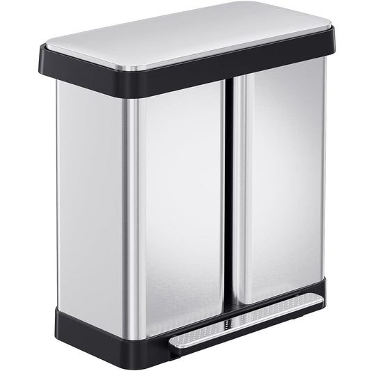 Arlopu 16 Gallon Dual Trash Can, 60L(2x30L) Stainless Steel Kitchen Garbage Can, Step-on Classified Recycle Garbage Bin with Removable Inner Buckets, for Kitchen, Living Room, Office (Silver)