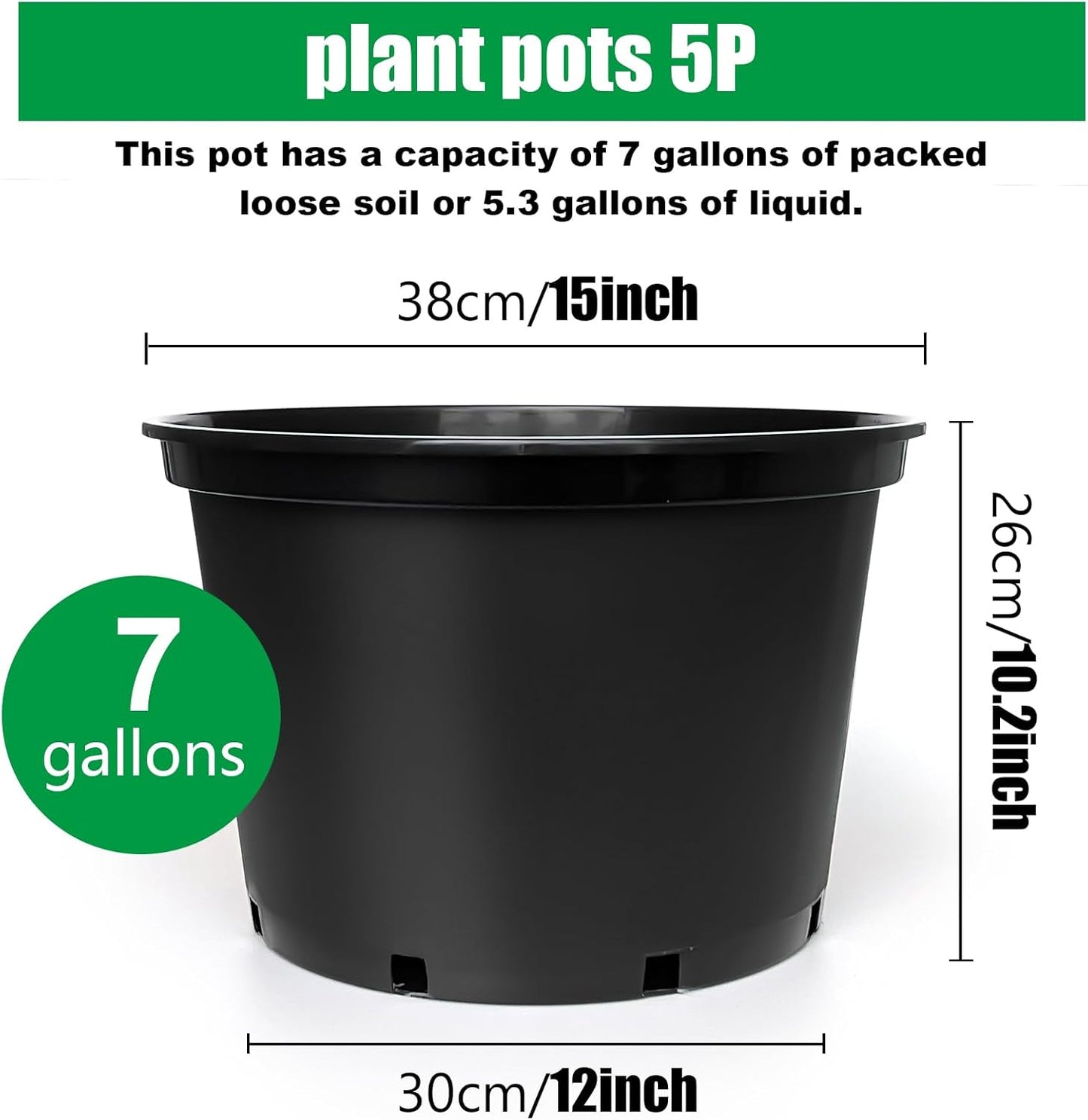 7 Gallon Plastic Nursery Pots, 15 Inch Large Plastic Pots for Plants, Round Plant Pots with Drainage Holes, Flower Pots for Outdoor Indoor Plants, Gardening Gifts for Women (5-Pack, Black)