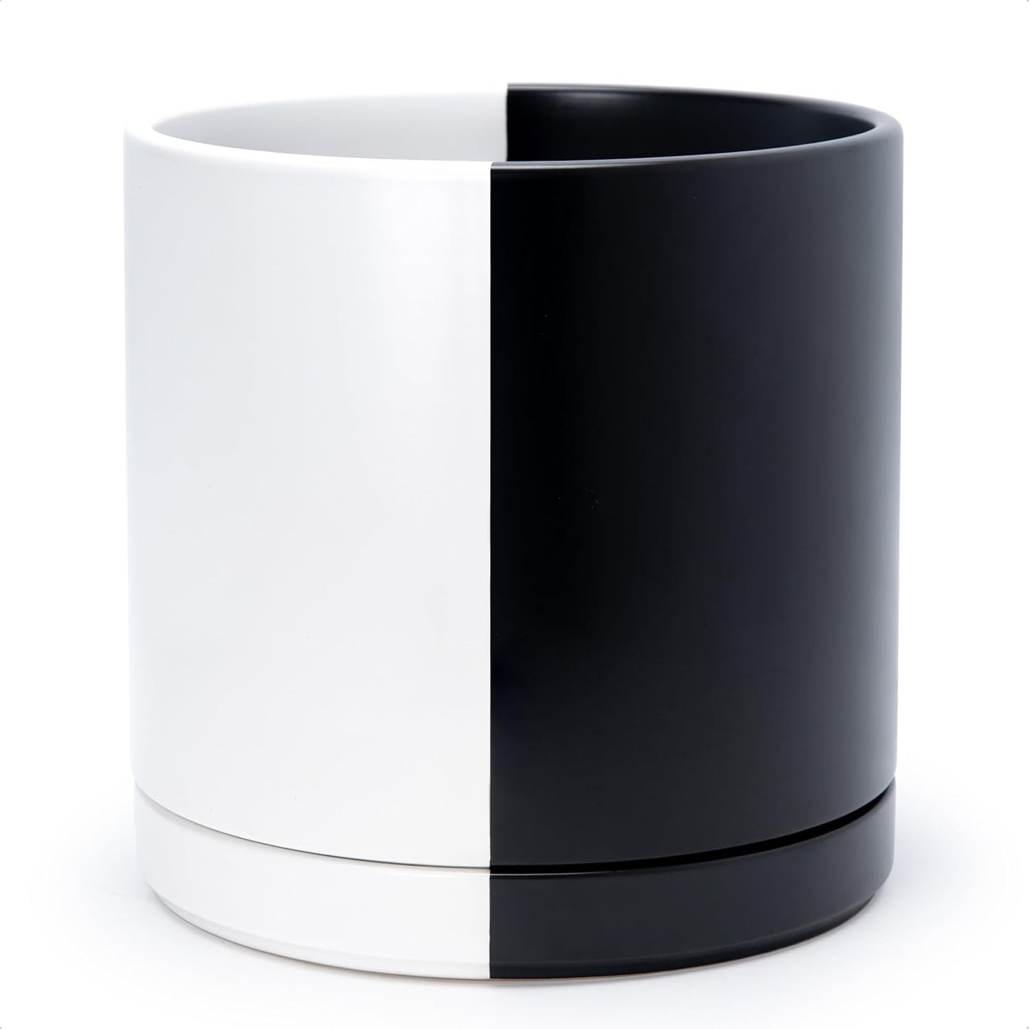 D'vine Dev 12 Inch Ceramic Planter Pot with Drainage Hole and Saucer, Indoor Cylinder Round Planter Pot, Split Monochrome Black & White, 94-O-F-0
