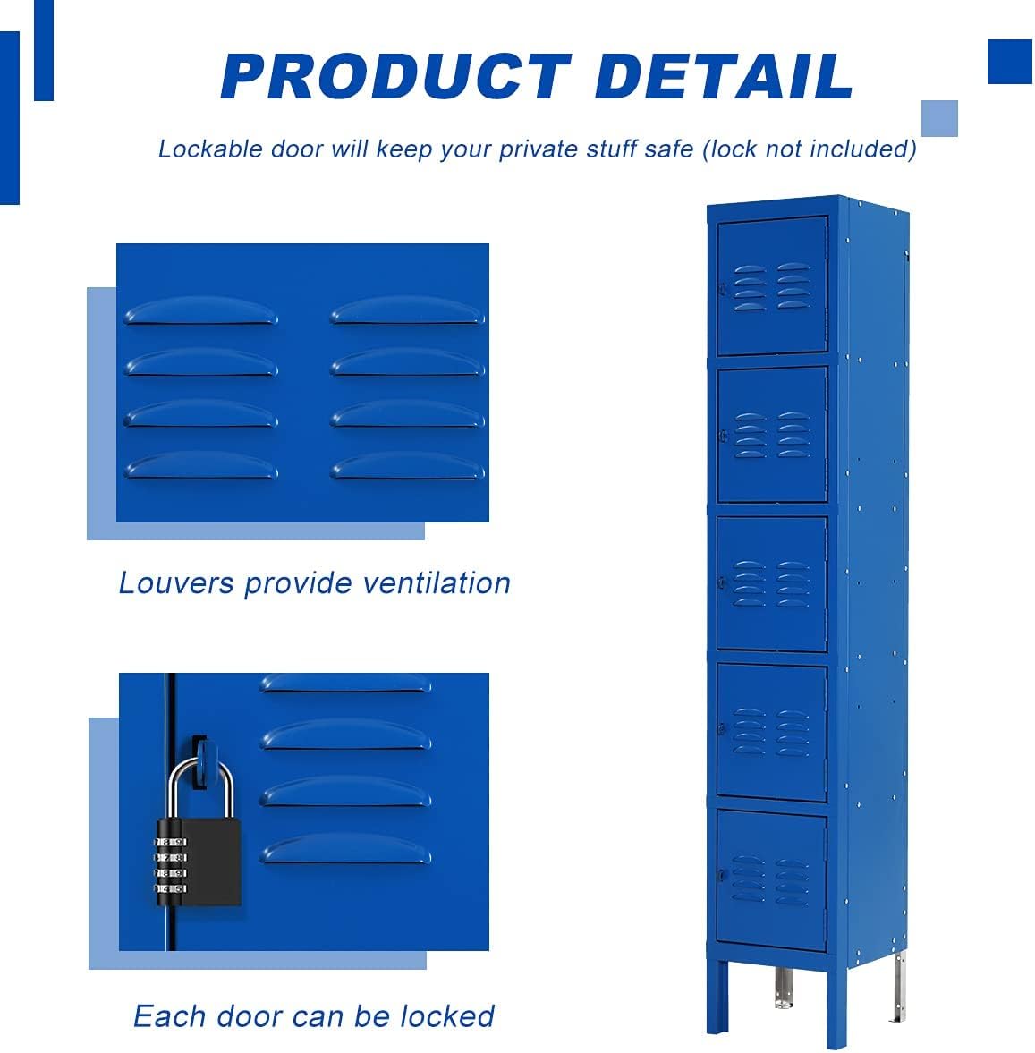 Bonusall Metal Locker for Employees, Office Storage Locker Cabinets, 5-Tier Steel Lockers for School, Gym Locker Compartment Home Office (Blue