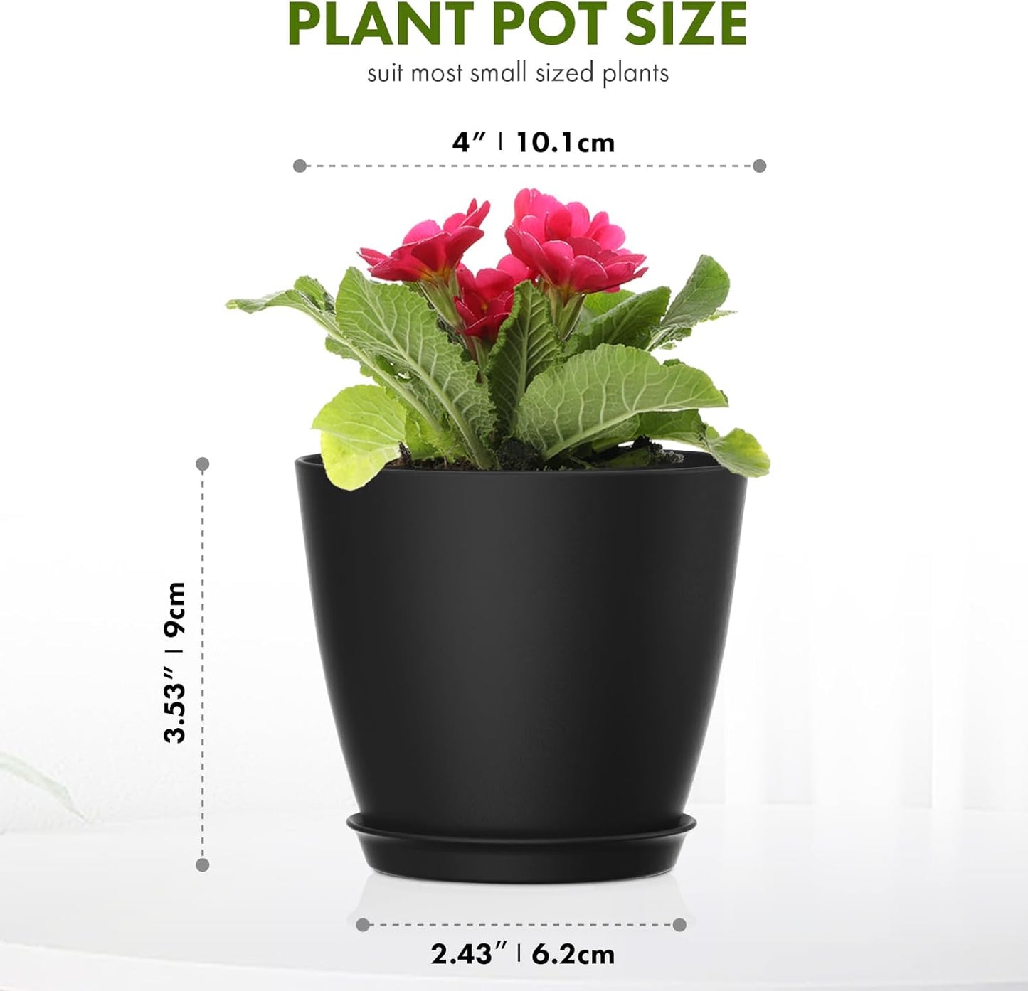 16 Pack 4 Inch Plant Pots with Drainage Holes and Saucers, Pots for Plant Indoor, Plastic Planters for Succulents and Small Plants, Black