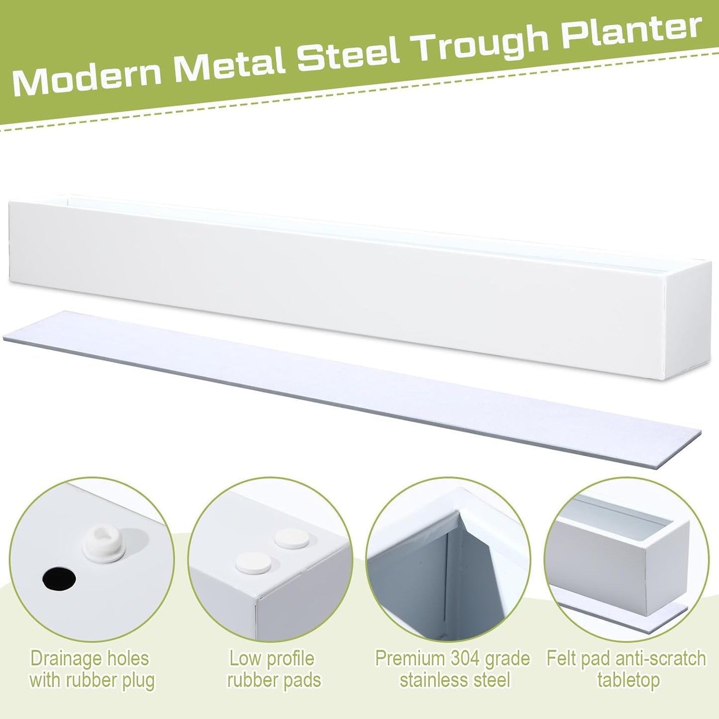 32 x 3.5 x 3.5 Inch Long Rectangular Planter Box Window Sill Plant Box Metal Water Trough Indoor Large Modern Steel with Drainage Holes Herb Garden Home(White)