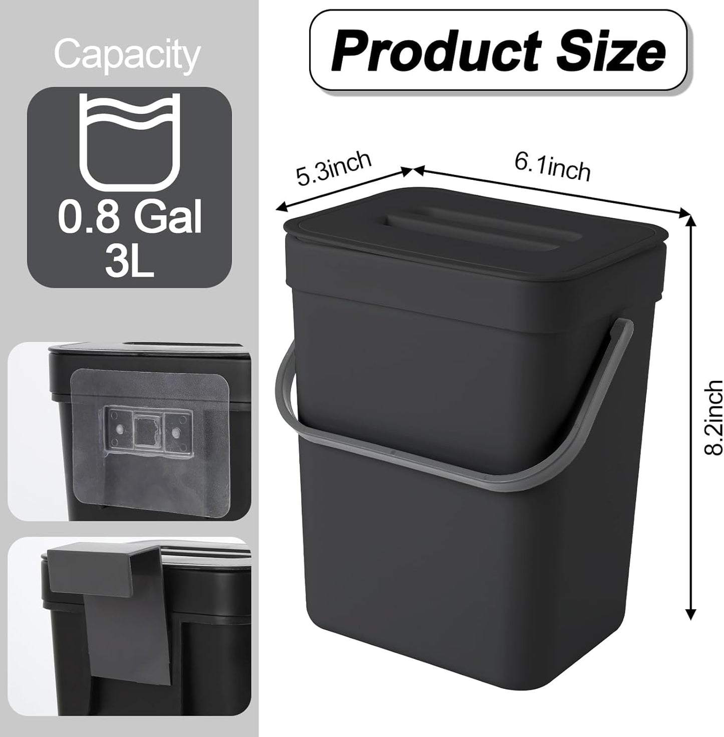 Compost Bin Kitchen, for use on Countertops or Under Sinks, Hanging Trash Can with Lid, for Cupboard/Bathroom/Bedroom/Office/Camping, Mountable Indoor Compost Bucket(Black 0.8 Gallon/3L)