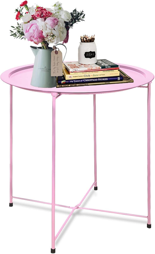 Garden 4 you End Table Outdoor Side Table, Small Patio Table Metal Side Table, Round Folding Side Table, for Outdoor and Living Room,Pink