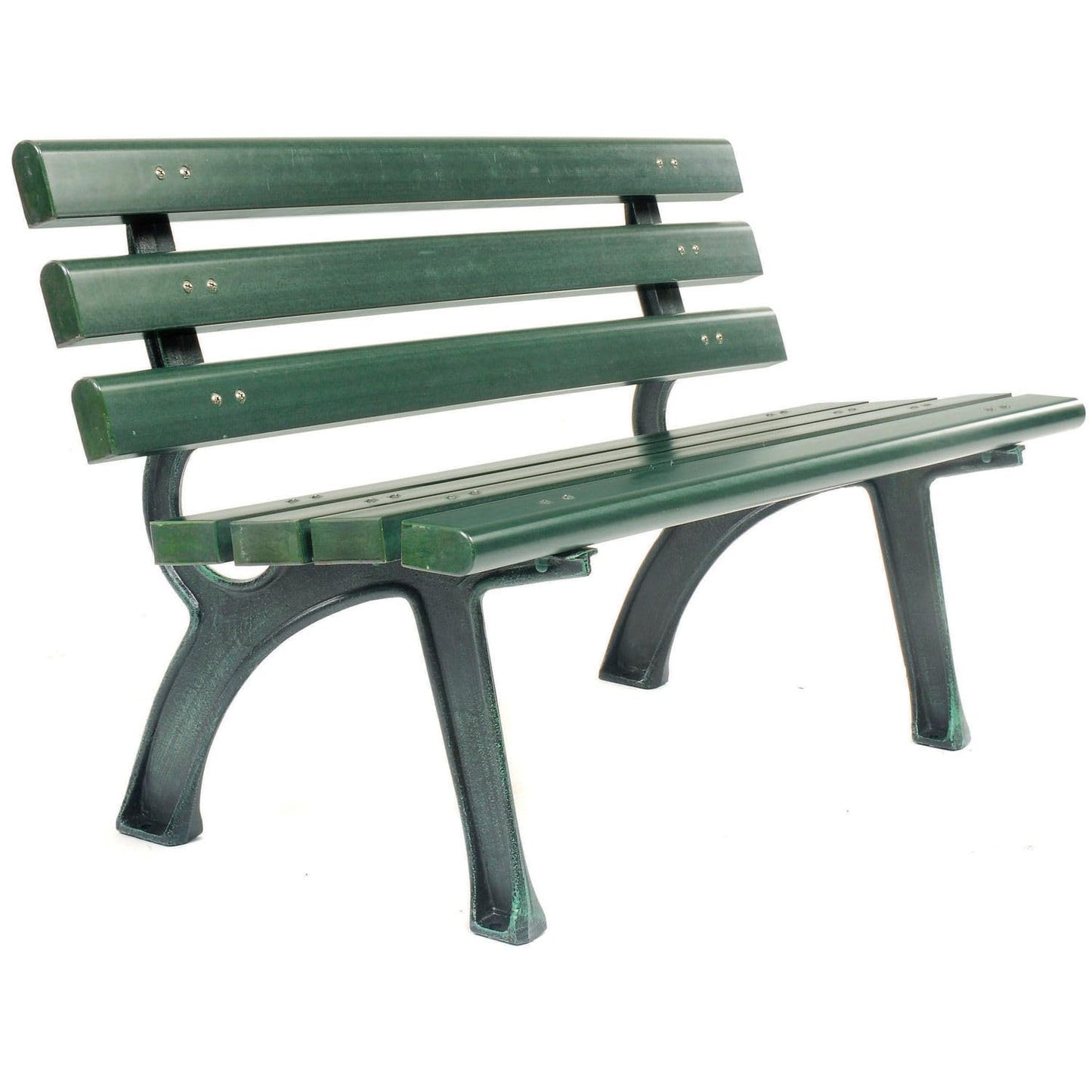 Global Industrial 4'L Outdoor Park Bench with Backrest, Recylced Plastic Slats, Wrought Iron Frame, 1100 lbs Capacity, Green, Surface Mount, Easy Assembly