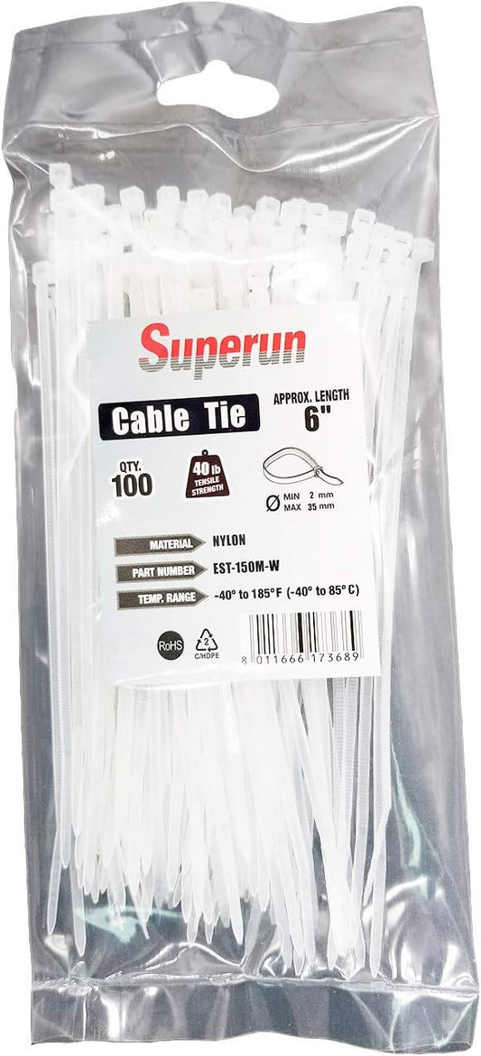 Superun Clear Zip Ties 6 Inch, 40 Lbs Tensile Strength Wire Ties (Industrial Grade Cable Ties) Pack of 100 White