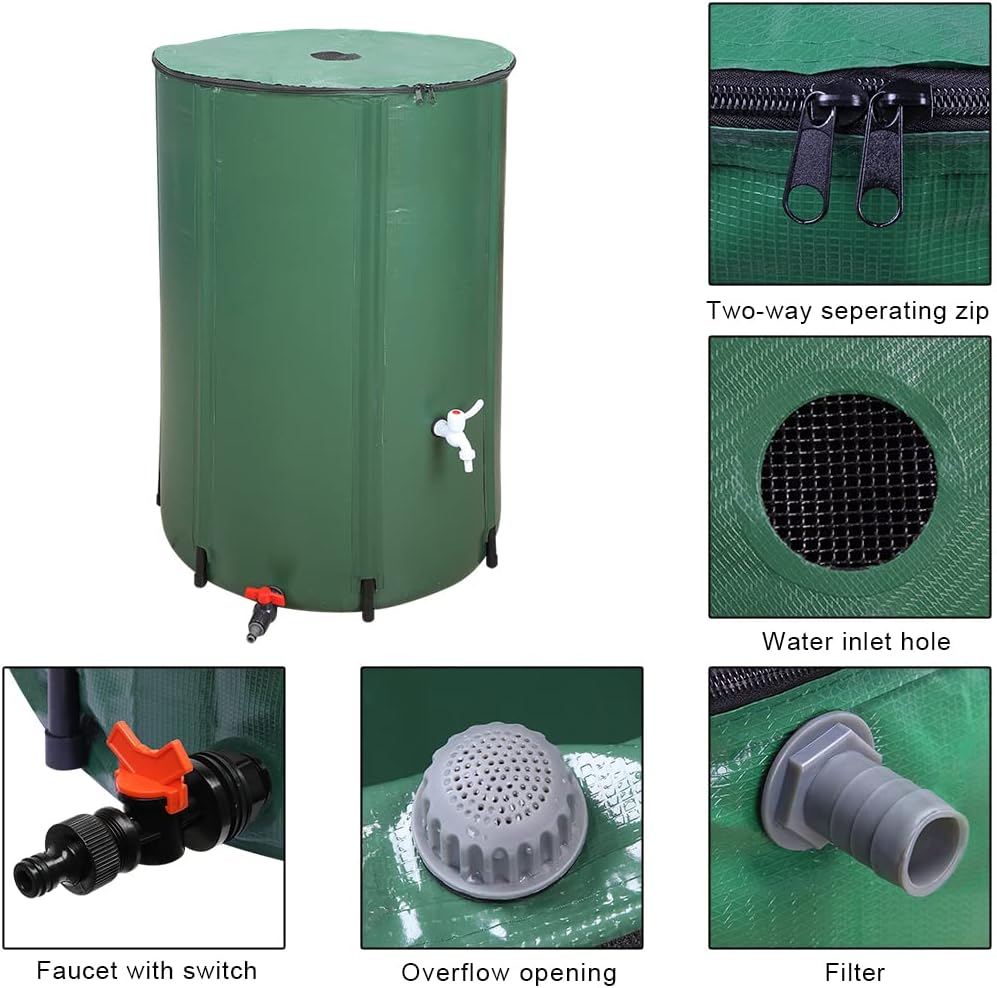 132 Gallon Collapsible Rain Barrel, Water Storage Tank, Portable Rainwater Collection System, Rain Catcher Barrel with Two Spigots and Overflow Kit, Rain Water Barrel Collector for Garden, Green