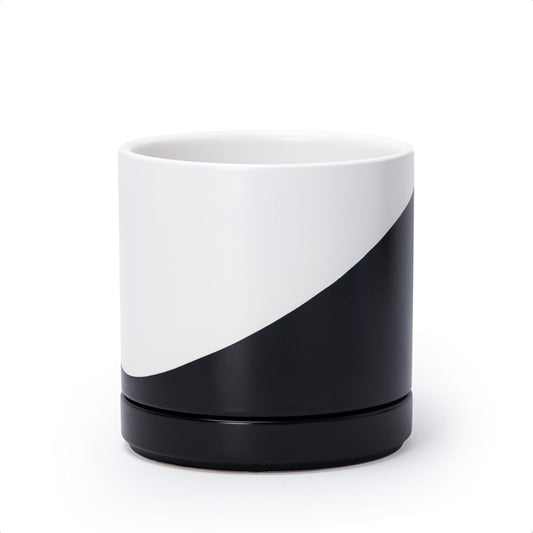D'vine Dev 6.5 Inch Ceramic Planter Pot with Drainage Hole and Saucer, Indoor Cylinder Round Planter Pot, Oblique Monochrome Black and White, 94-O-C-K