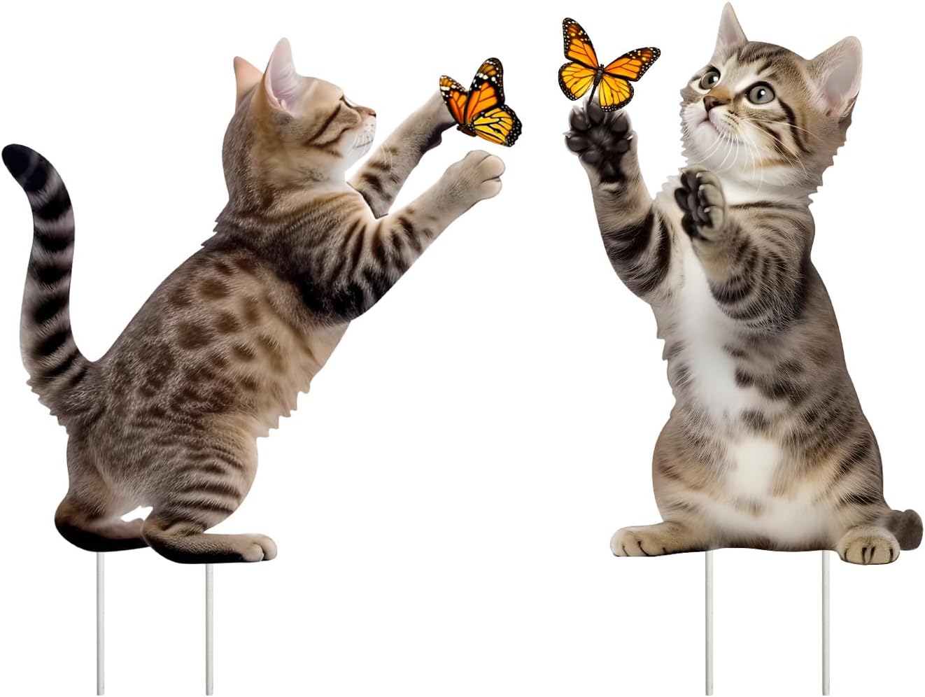 Metal Garden Stakes Decor,Cute Cats Playing with Butterflies Stakes, YGarden Statues Bird Repellent Cat Decorative Garden Stakes for Yard, Garden, Lawn Outdoor Decorations Set of 2
