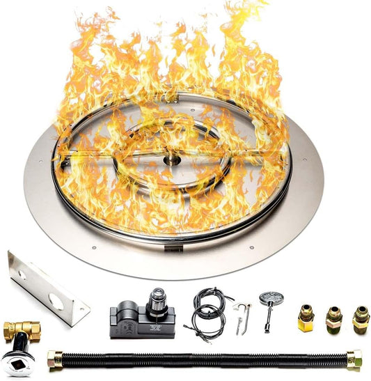 Stainless Steel Fire Pit Burner Pan & Ring Standard Kit with Spark Ignition for Natural Gas, 30-Inch Pan, 24-Inch Ring, 150,000 BTU Max