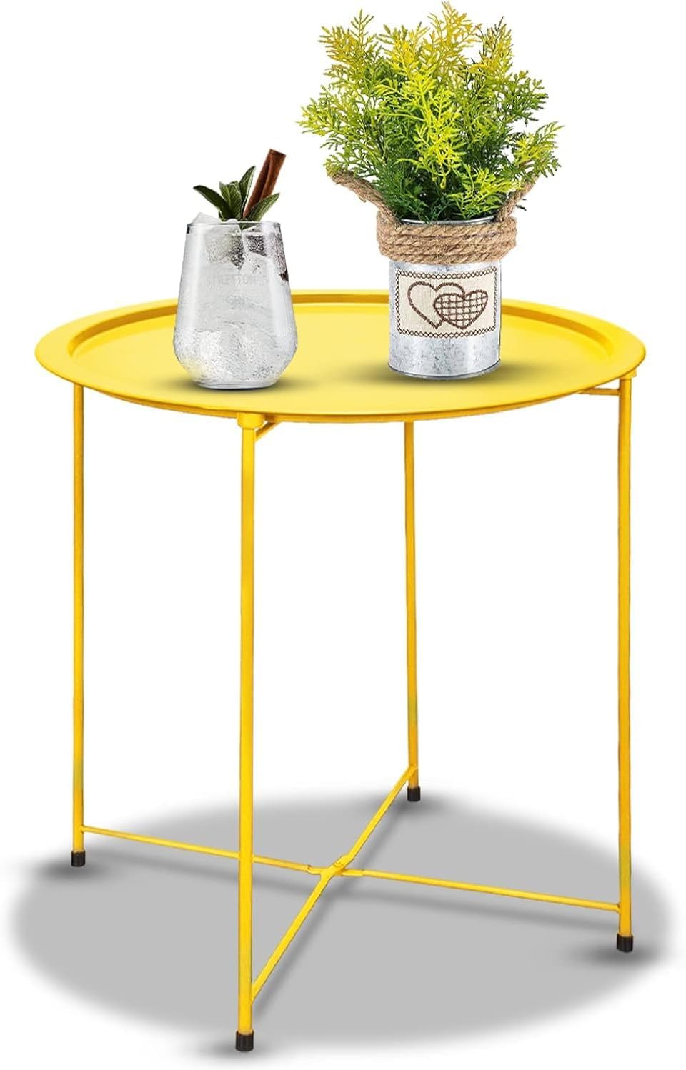 Garden 4 you Small Side Table, Round End Table, Outdoor Side Table with Metal Frame, Bedside Table for Living Room, Bedroom, Patio, Small Space, Yellow