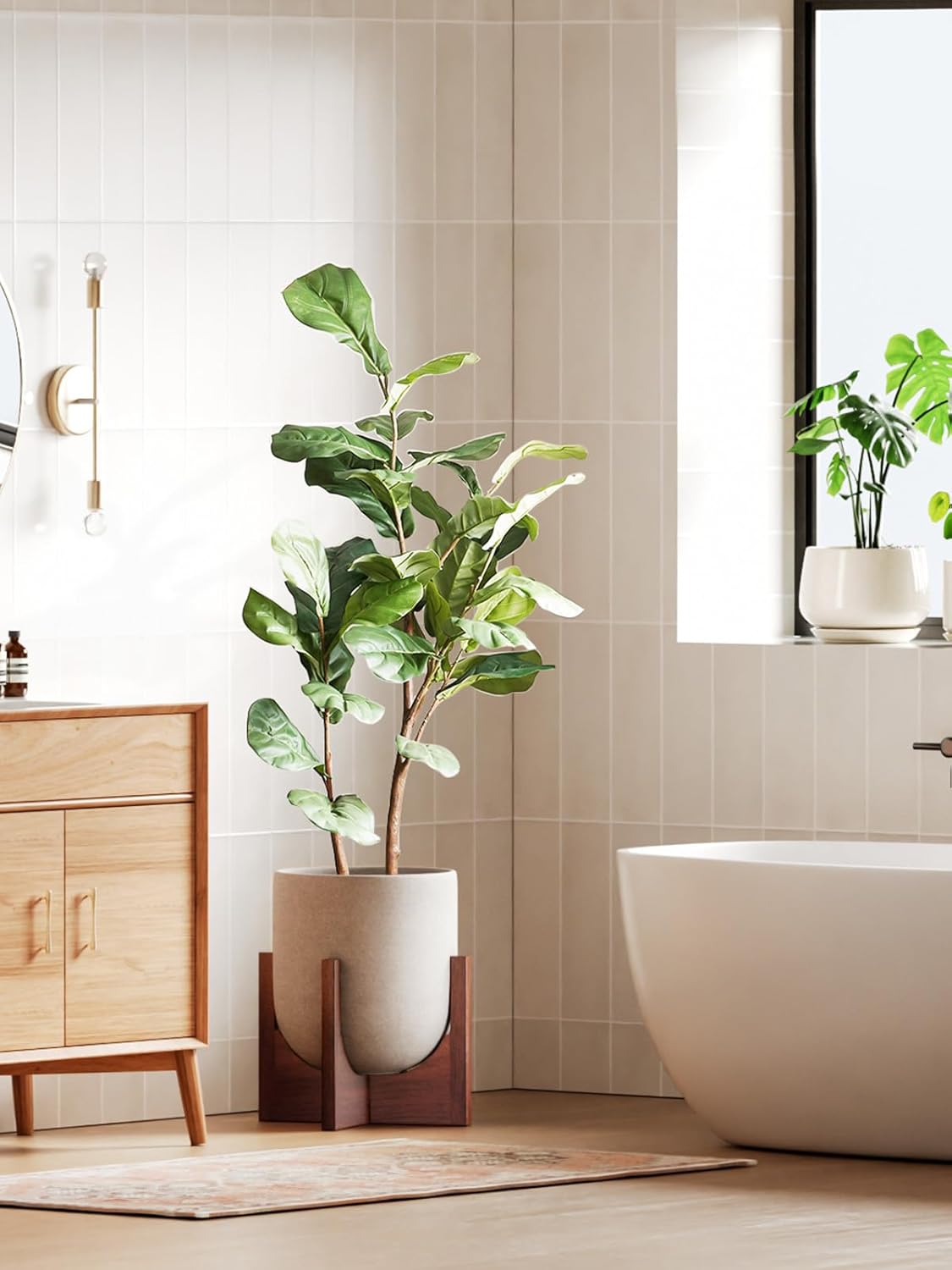 LE TAUCI 12 Inch Plant Pot with Acacia Wood Stand, Ceramic Large Planters for Indoor Plants, Indoor Pots for Plants Office Living Room, Cylinder Planter with Drainage Hole and Plug, Neutral Gray