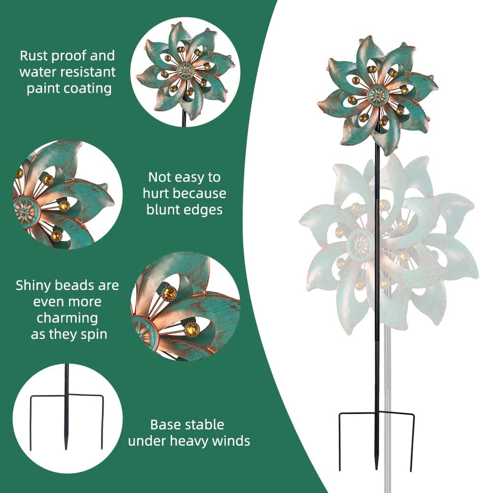 VEWOGARDEN Garden Decor Wind Spinners, Small Waterproof Metal Pinwheels Wind Spinner for Yard and Garden 37 * 10inches (Double Blade)