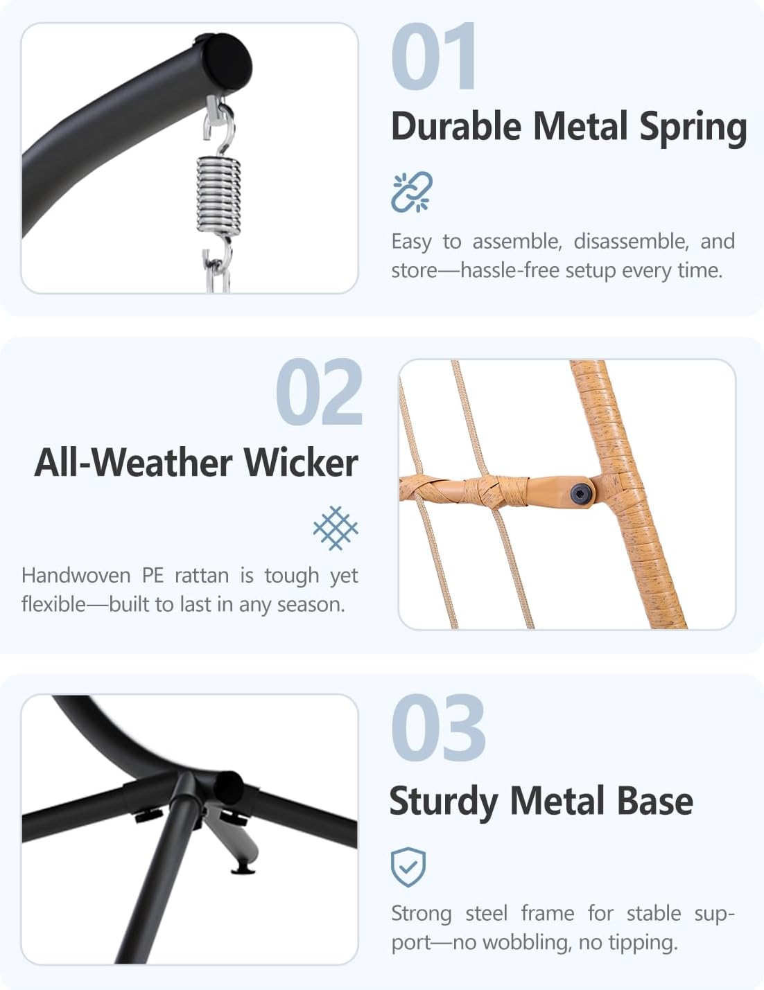 SWITTE Egg Chair Outdoor with Stand, Indoor Wicker Hanging Egg Swing Chair with Cushion, 350lbs Capacity for Patio, Bedroom, Garden - Cream