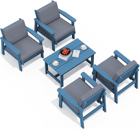 SERWALL Outdoor Patio Furniture Set, 5 Piece HDPE Patio Conversation Sets, All-Weather Wood-Like Outdoor Couch Loveseat and Coffee Table with Thick Cushions for Porch Balcony Garden Backyard